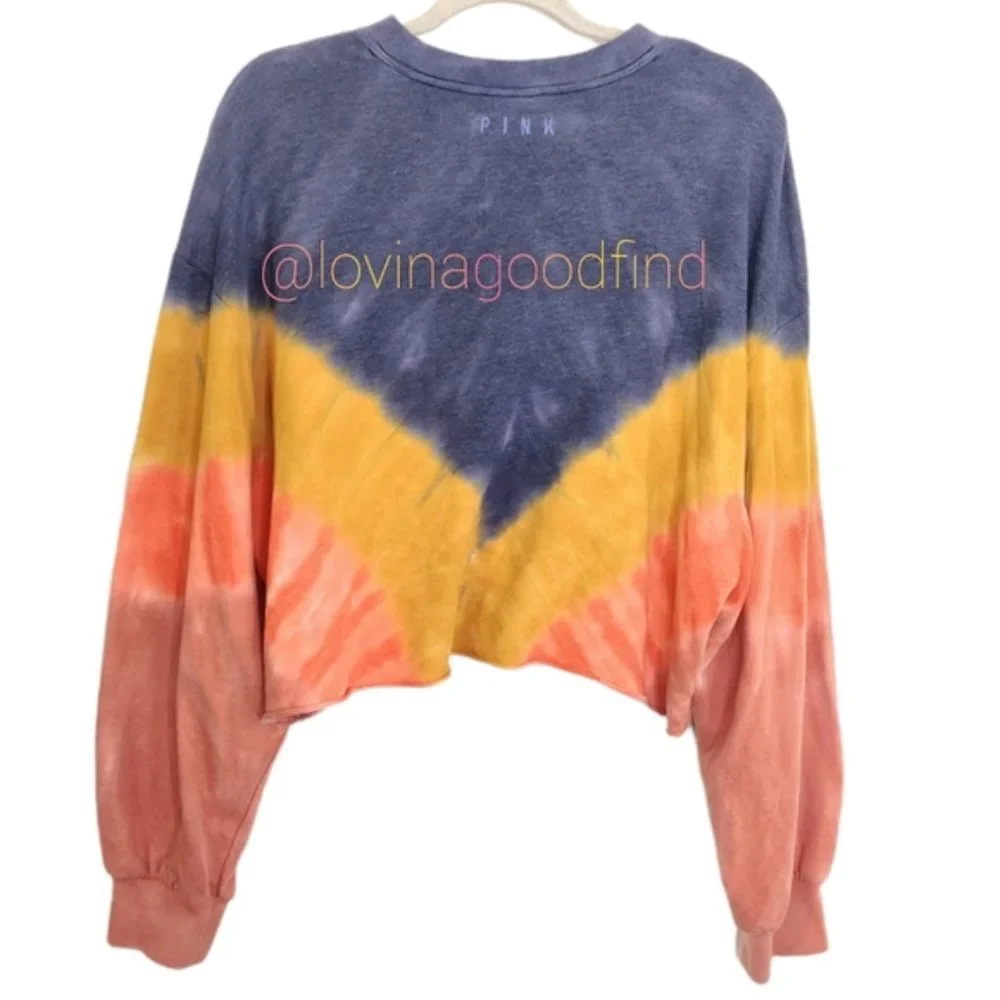VS PINK Tie Dye Tricolor Crop Oversized Sweatshirt EUC sz M - Picture 6 of 9
